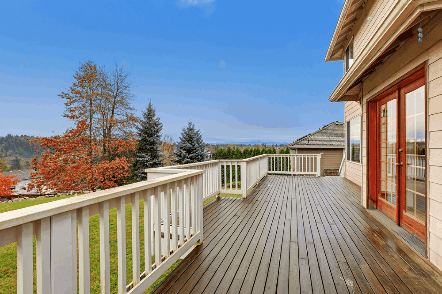 Backyard view of exterior deck.